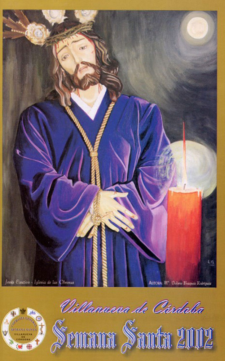 CARTEL DE LA SEMANA SANTA DE 2002 CON UNA IMAGEN DE UN OLEO PINTADO POR LA HERMANA DE LA CONGREGACION DE LAS OBRERAS MARIA DOLORES 